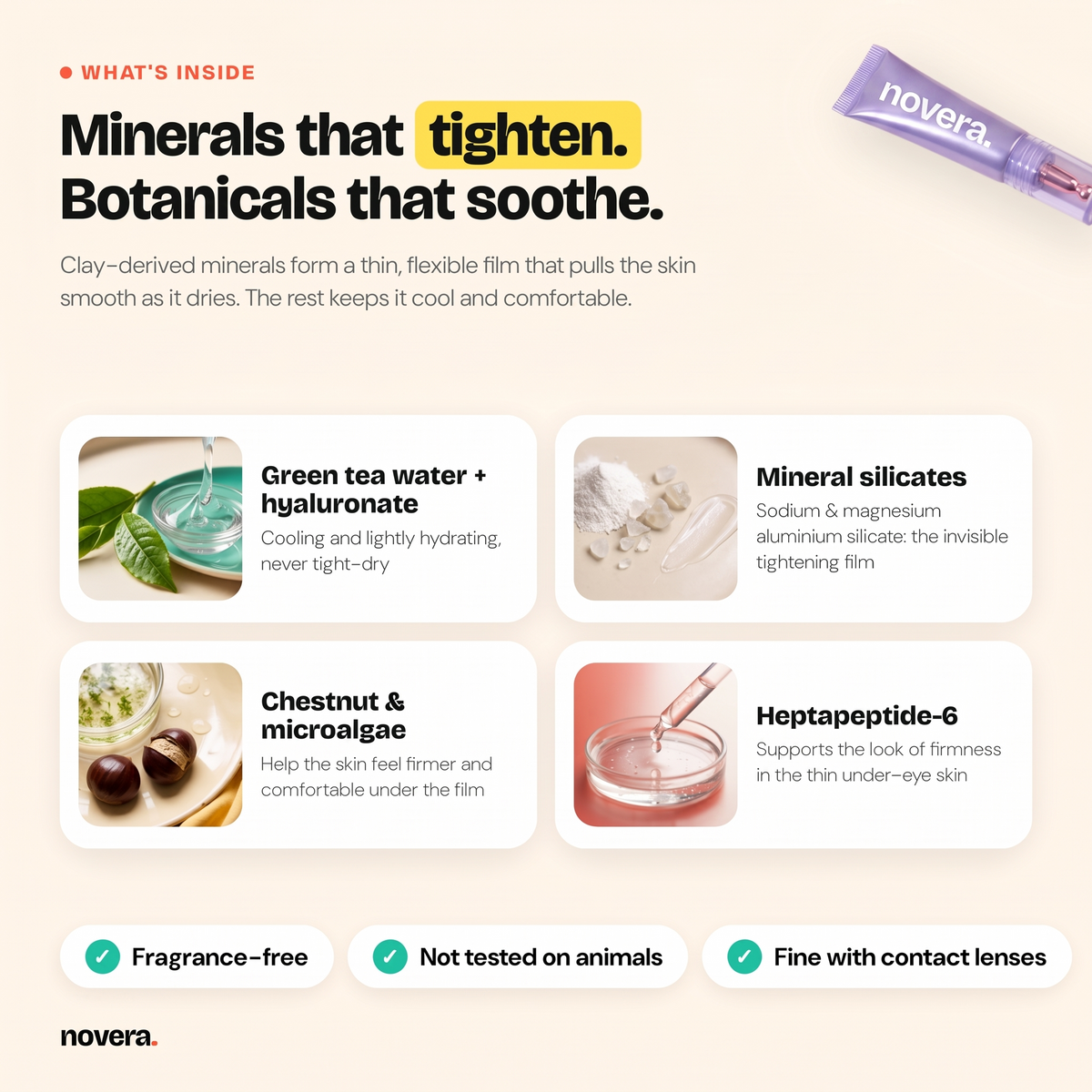 What's inside: green tea water, hyaluronate, mineral silicates, chestnut, microalgae, heptapeptide-6